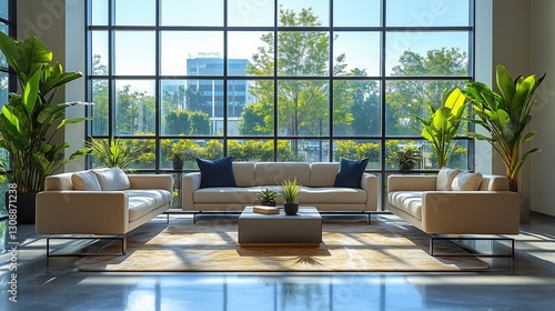 Clean and bright office space with large windows, natural light, and modern furniture for a comfortable work environment. Architecture and interior background concept.