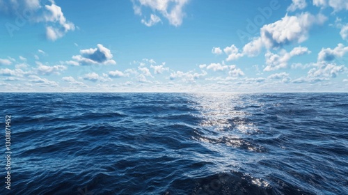 Waves gently ripple across a vast ocean under a clear blue sky. Bright sunlight sparkles on the water surface as fluffy white clouds drift lazily above, creating a serene midday atmosphere