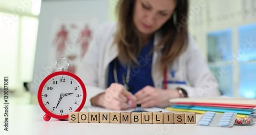 A medical professional documents findings on somnambulism and sleep disorders for reference and analysis