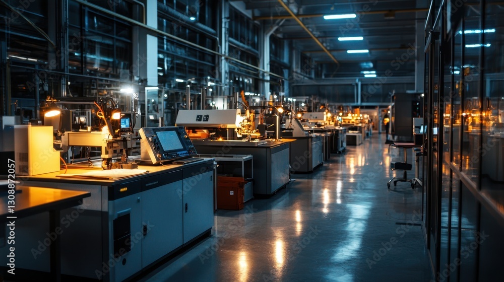 A well-lit manufacturing facility filled with advanced machinery and workstations. Technicians efficiently operate equipment in a busy night shift environment A well-lit manufacturing facility filled with advanced machinery and workstations. Technicians efficiently operate equipment in a busy night shift environment