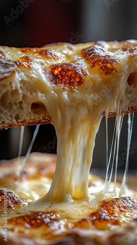 Melting cheese stretches from fresh baked bread in a warm setting photo