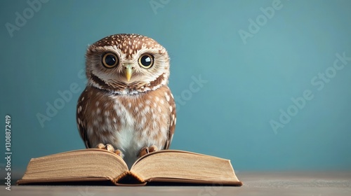 Wallpaper Mural Cute owl with big eyes sitting on an open book against a plain blue background in a cozy setting for education Torontodigital.ca