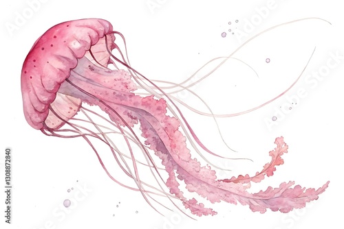 Beautiful pink jellyfish watercolor illustration on white background