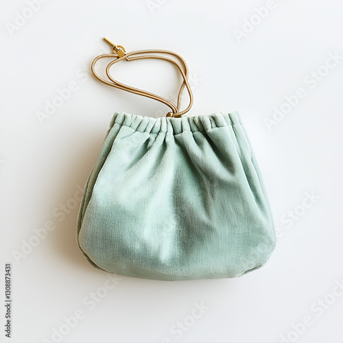 Mint green corduroy drawstring pouch with gold cord and toggle closure on a white background.