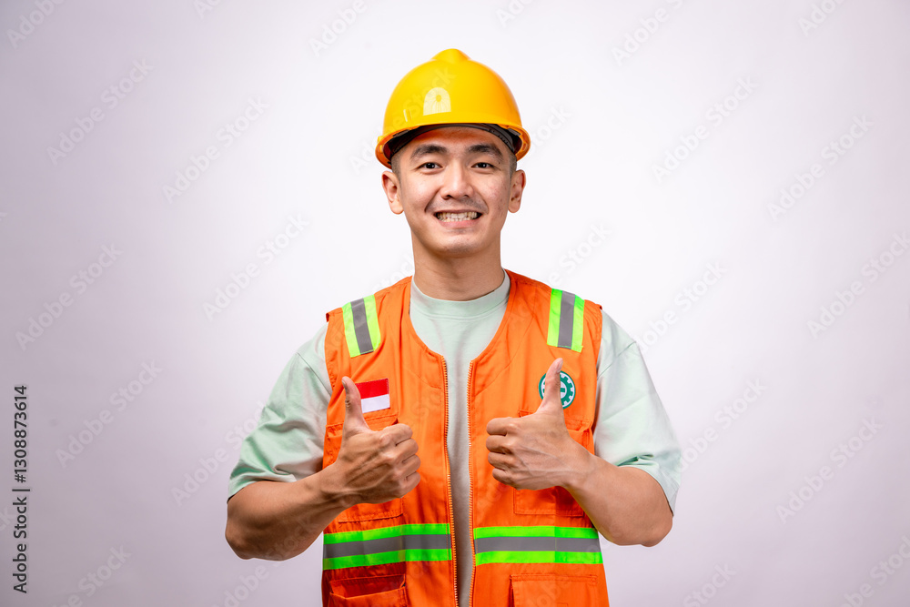 An Asian male construction worker wearing an orange safety vest and a yellow hard hat gives a thumbs-up with a confident smile. The background is white An Asian male construction worker wearing an orange safety vest and a yellow hard hat gives a thumbs-up with a confident smile. The background is white