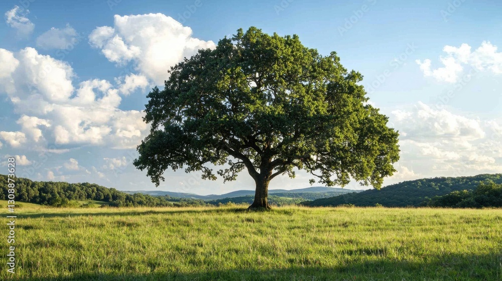 A solitary oak tree rises prominently in a vibrant green field, surrounded by rolling hills and under a clear blue sky filled with fluffy clouds during the golden hour of sunset A solitary oak tree rises prominently in a vibrant green field, surrounded by rolling hills and under a clear blue sky filled with fluffy clouds during the golden hour of sunset