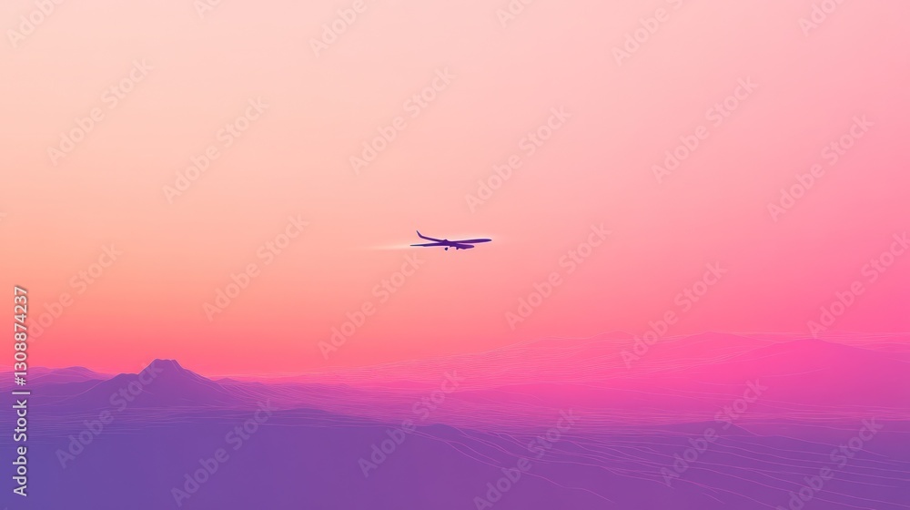 Fototapeta premium Airplane sunset flight mountains pink sky travel