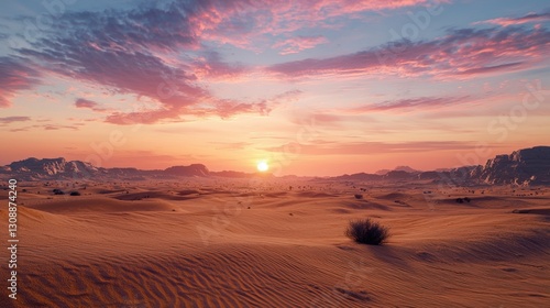 Golden rays of the sun illuminate the expansive sand dunes, while colorful clouds hover in the sky during sunset in a tranquil desert setting