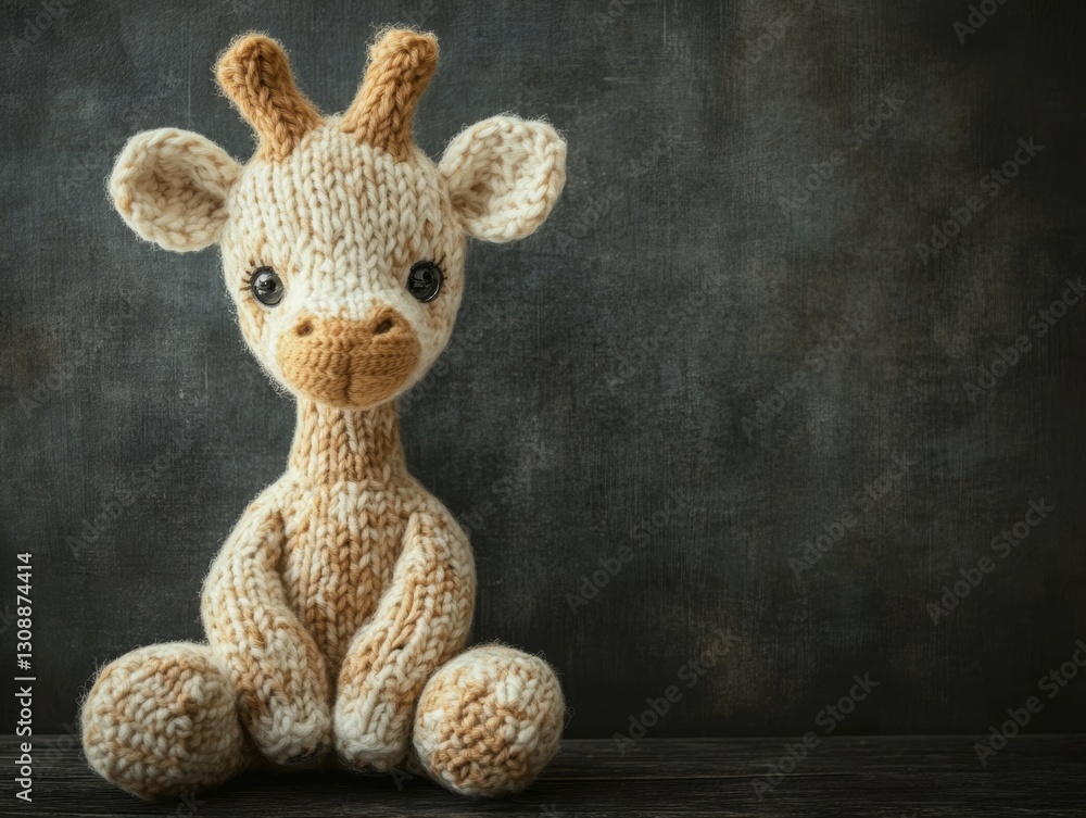 Fototapeta premium Handcrafted Knitted Giraffe Stuffed Animal: A Timeless Toy for Comfort and Play with a neutral tones and vintage backdrop.
