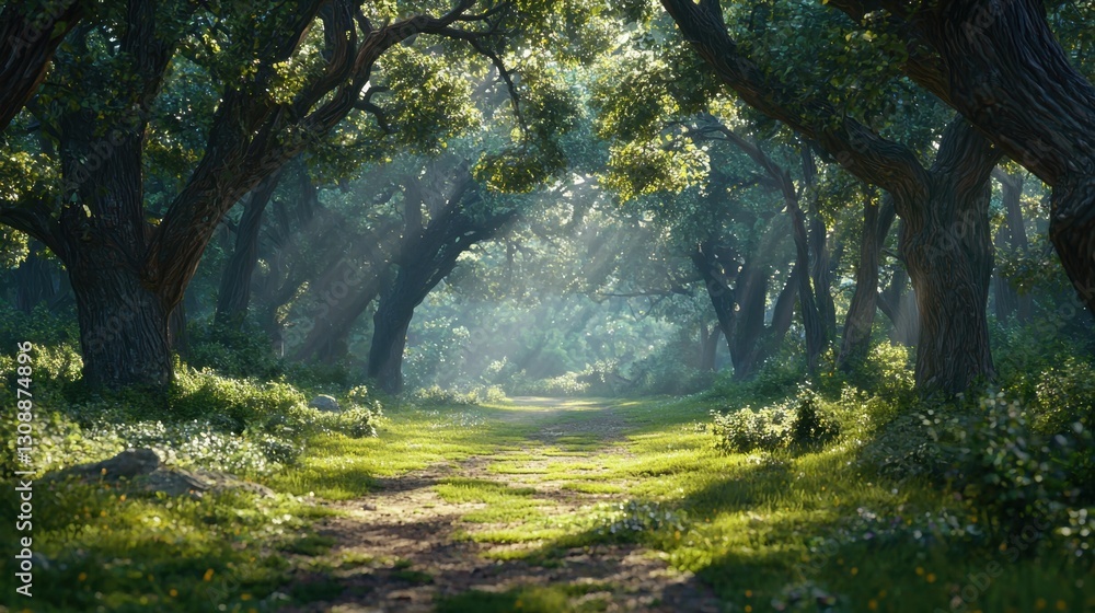 Fototapeta premium A tranquil forest scene showcases sunlight streaming through lush green foliage, illuminating a winding path covered in soft grass and blooming plants