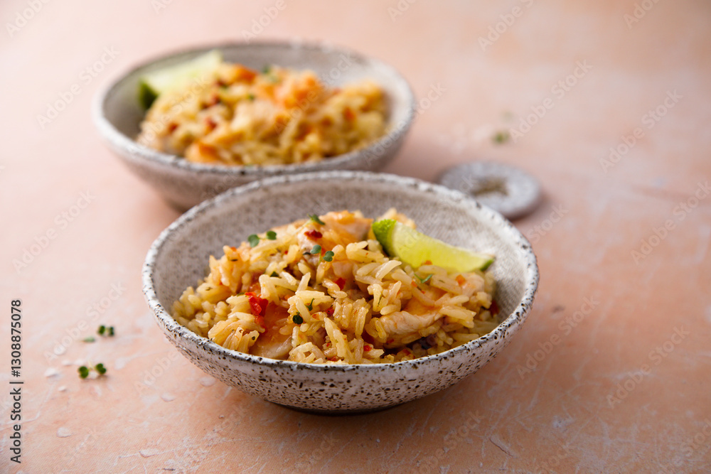 Rice and chicken and sweet chili sauce Rice and chicken and sweet chili sauce