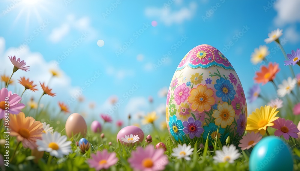 Fototapeta premium Hand Painted Easter Egg Among Daisies Outdoor Holiday Scene