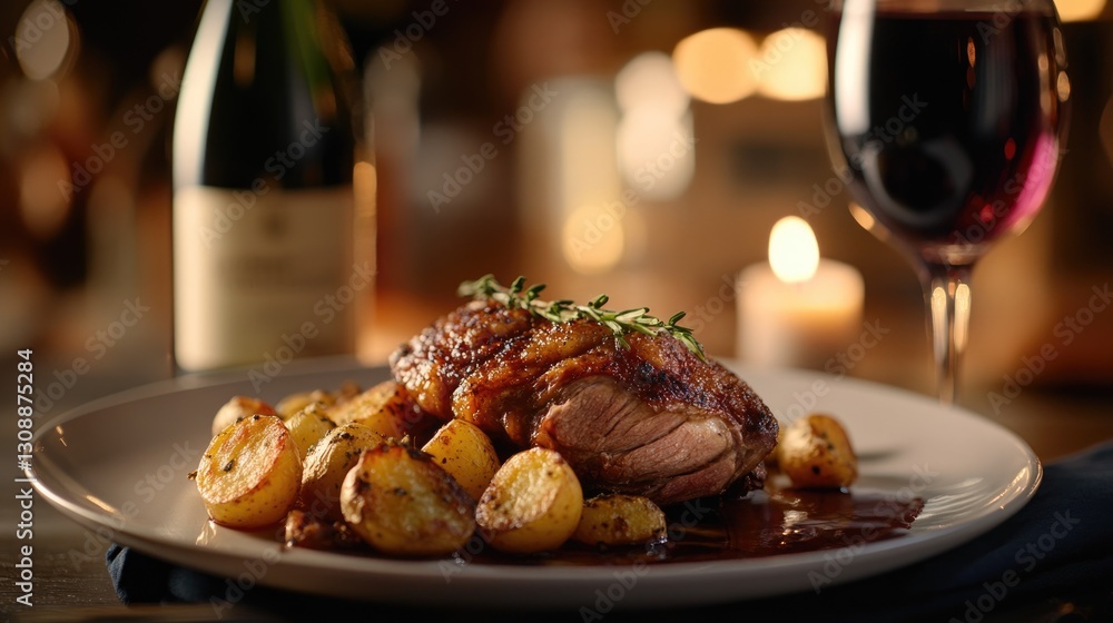 A delicious dinner of roasted meat and potatoes on a plate A delicious dinner of roasted meat and potatoes on a plate