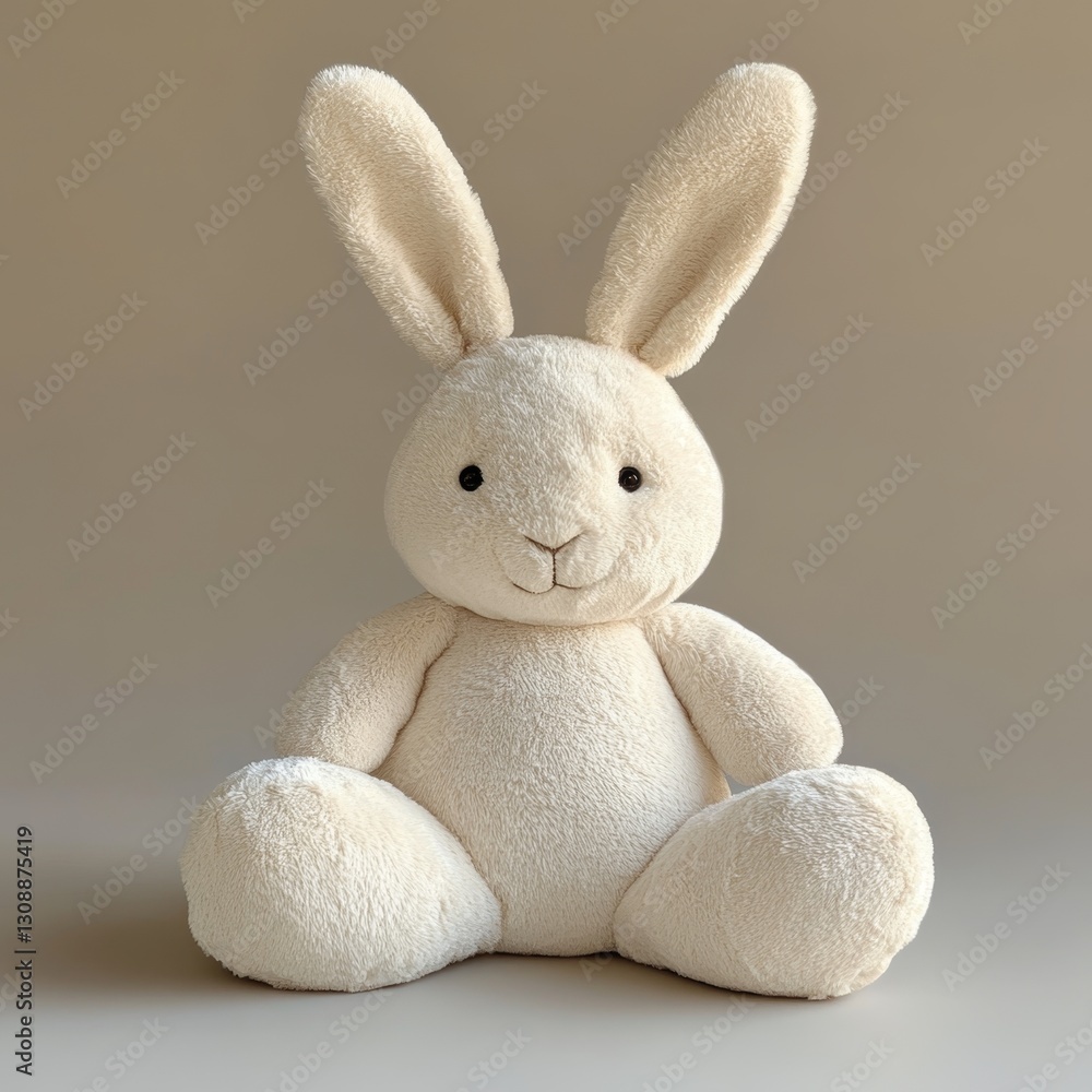 Obraz premium Cute Fluffy Bunny Plush Toy Sitting Against a Neutral Background, Soft and Cuddly Friend
