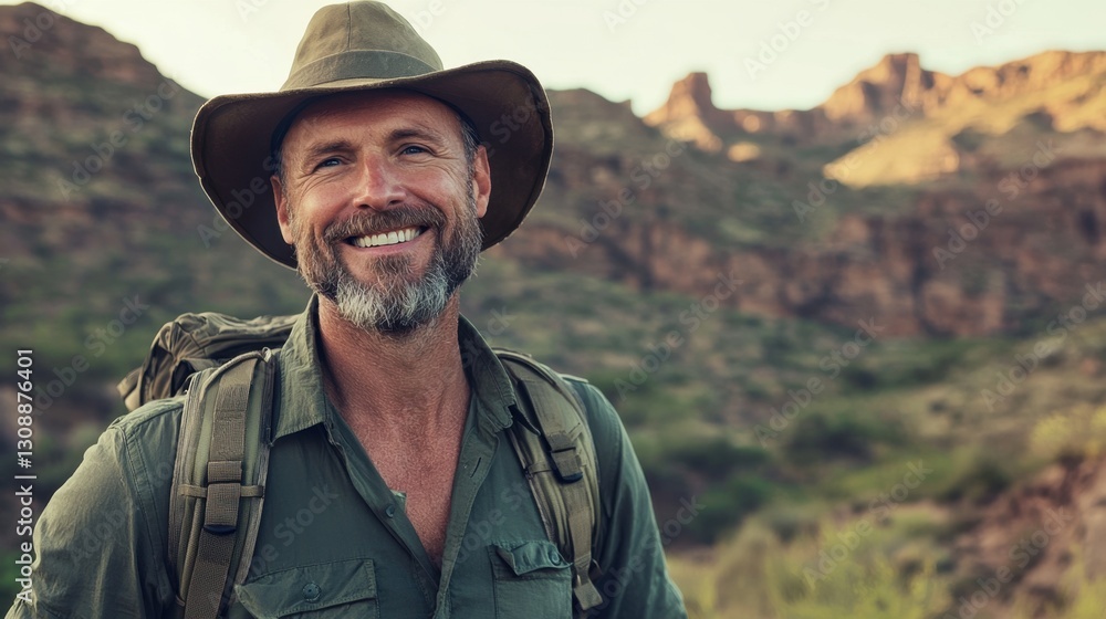 A man with a beard smiles in a mountainous landscape. Wearing a hat and backpack, he enjoys the golden hour, surrounded by natural beauty and rocky terrain A man with a beard smiles in a mountainous landscape. Wearing a hat and backpack, he enjoys the golden hour, surrounded by natural beauty and rocky terrain