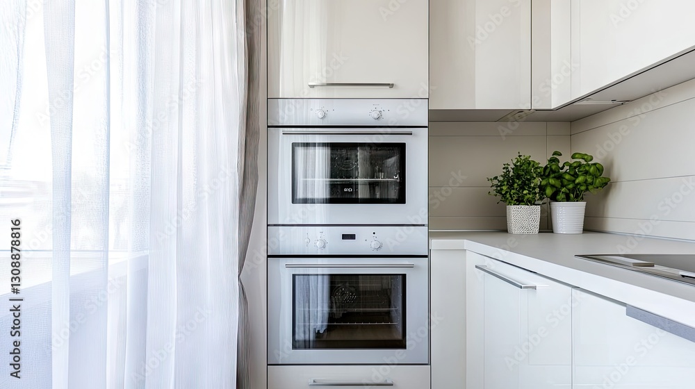 Fototapeta premium Modern and clutter-free kitchen with a white smart oven seamlessly blending in.