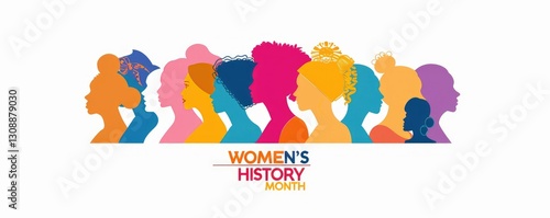 Colorful silhouettes of women's heads celebrating Women's History Month with bold typography on a white background.