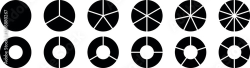 Circle divides on 1 to 9 equal parts. Infographic element round shape, Circle semicircle quarter shapes. Black segmented circle set. 