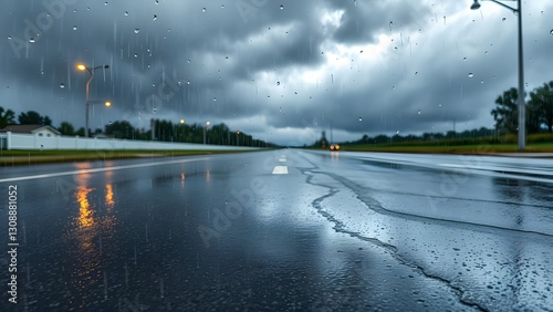 A reflective, wet road under a moody sky captures the essence of a tranquil rainstorm, evoking feelings of solitude and melancholy in the landscape.  