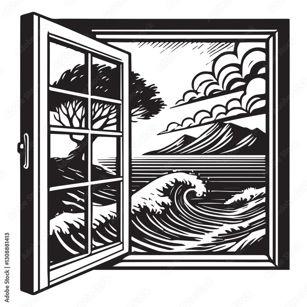Fototapeta premium Breathtaking Window Ocean and Mountain Landscape Vector Art for Artistic Creation
