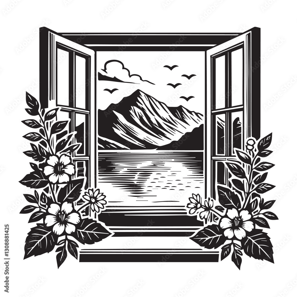 Fototapeta premium Majestic Window Ocean and Mountain Scene Vector Illustration for Creative Work 