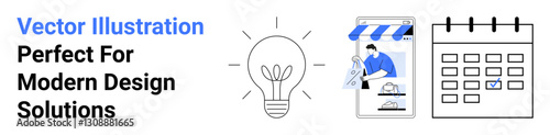 Light bulb for innovation, mobile storefront for online business, calendar for schedule planning. Ideal for entrepreneurship, technology, e-commerce, productivity, strategy, growth flat landing page