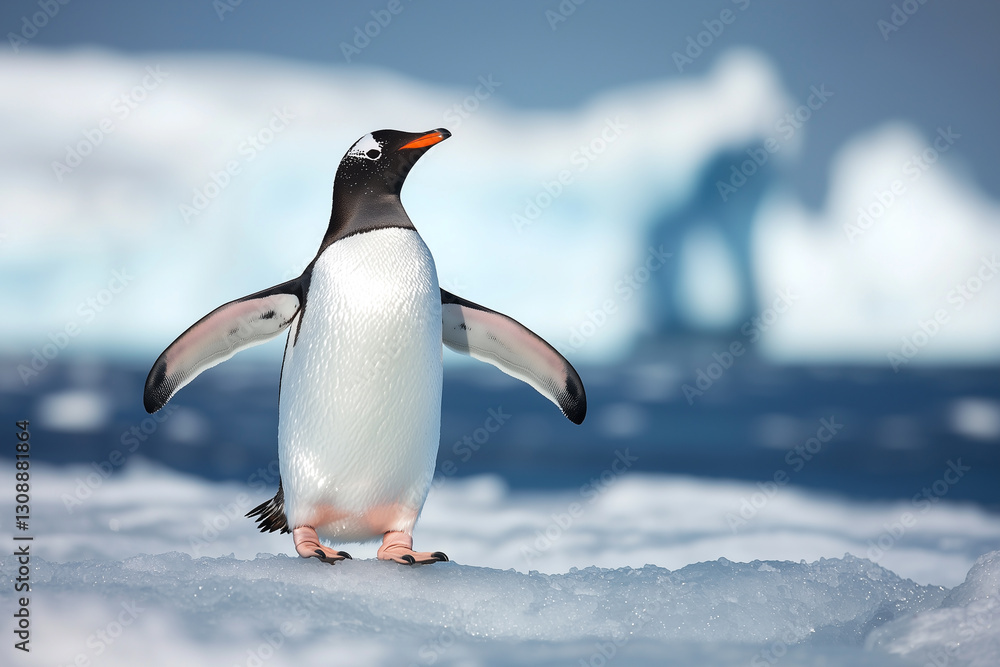 Obraz premium Penguin standing on icy terrain with snowy backdrop, wings outstretched