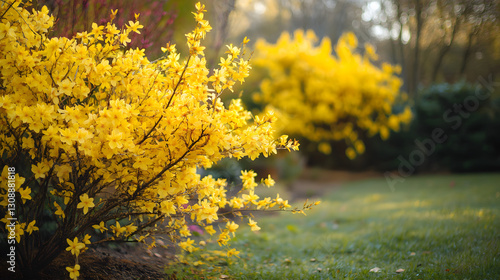 Bright yellow forsythia bushes in full bloom, their vibrant flowers adding color to the garden.
