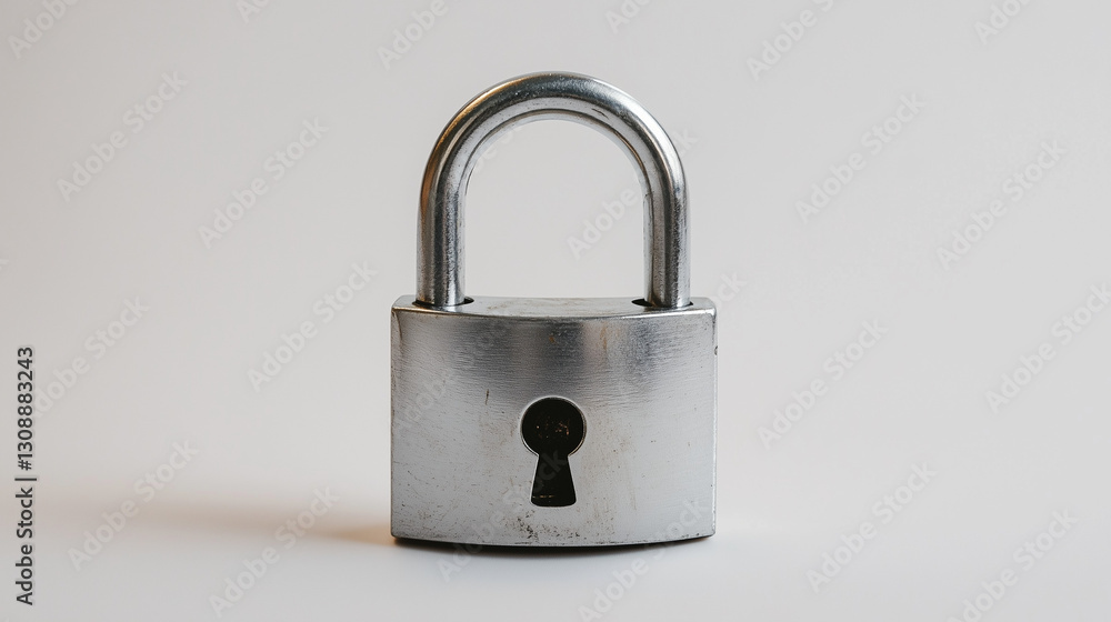 A locked silver padlock isolated on a plain white surface.
A locked silver padlock isolated on a plain white surface.
