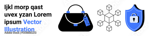 Black handbag with tags, geometric blockchain network design, and shield with a lock representing security. Ideal for fashion, technology, e-commerce, blockchain, digital security, identity