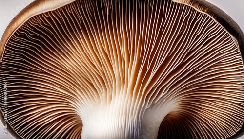 Ultra macro Portobello mushroom gills: intricate radial pattern. Delicate fungal texture, organic detail. Unique nature close-up.

