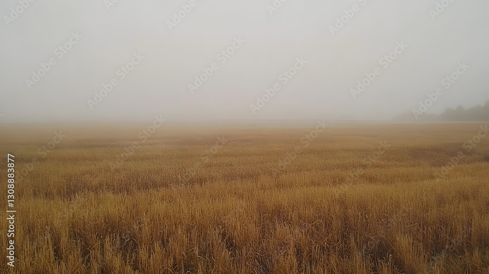 Golden wheat field disappearing into thick morning fog. Golden wheat field disappearing into thick morning fog.