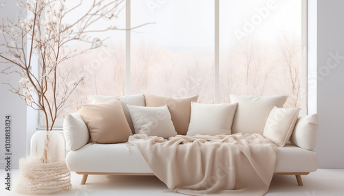 Beige Sofa with Pillows Blanket and Dried Flowers near Window