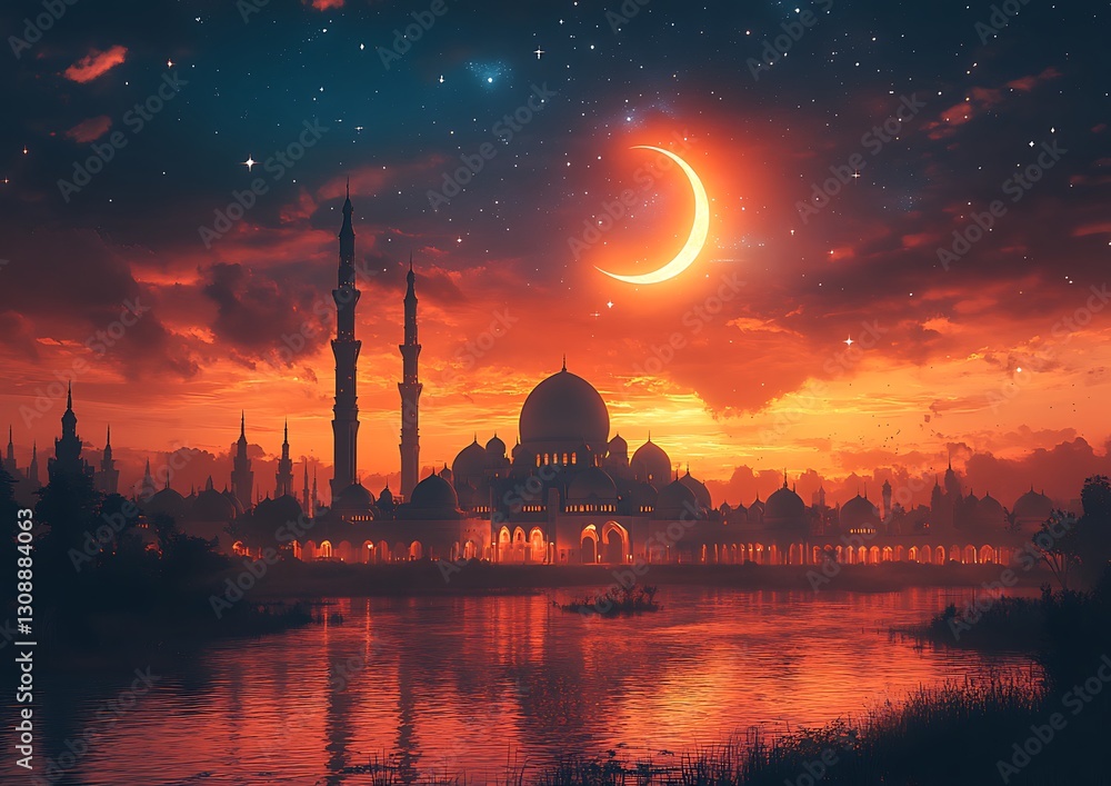 Fototapeta premium Mosque Silhouette at Sunset with Crescent Moon Reflection
