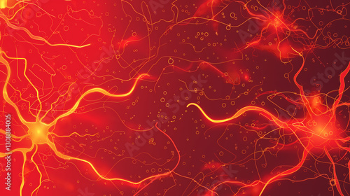 Brightly Lit Neuron Network in Abstract Red Glowing Background

