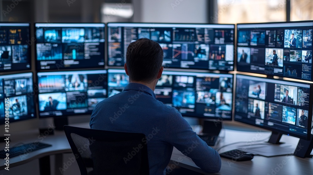 Digital Collaboration coordination concept. A person monitors multiple screens in a high-tech control room setting. Digital Collaboration coordination concept. A person monitors multiple screens in a high-tech control room setting.