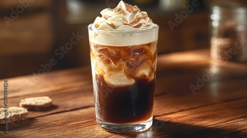 A tall glass of iced coffee with whipped cream on top