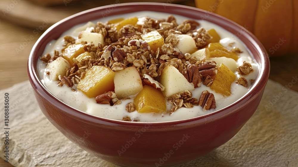 Delicious autumn yogurt bowl topped with granola, spiced apples, pumpkin chunks, and nuts, styled on a rustic stone table with copy space. Delicious autumn yogurt bowl topped with granola, spiced apples, pumpkin chunks, and nuts, styled on a rustic stone table with copy space.