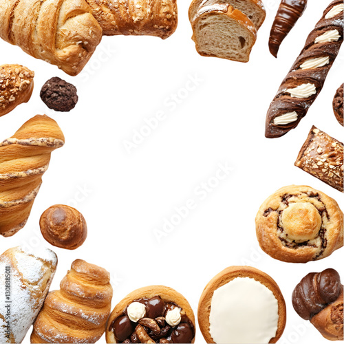 Assorted Bakery Items Corner Isolated on a White Background: A Delicious Collection of Fresh Pastries, Breads, and Treats Perfectly Displayed
