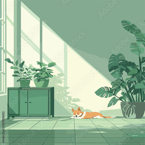 Bucket cabinet, a pot of green plants, simple background, a cute little dog lying on the ground, the entire floor is made of ceramic tiles, 