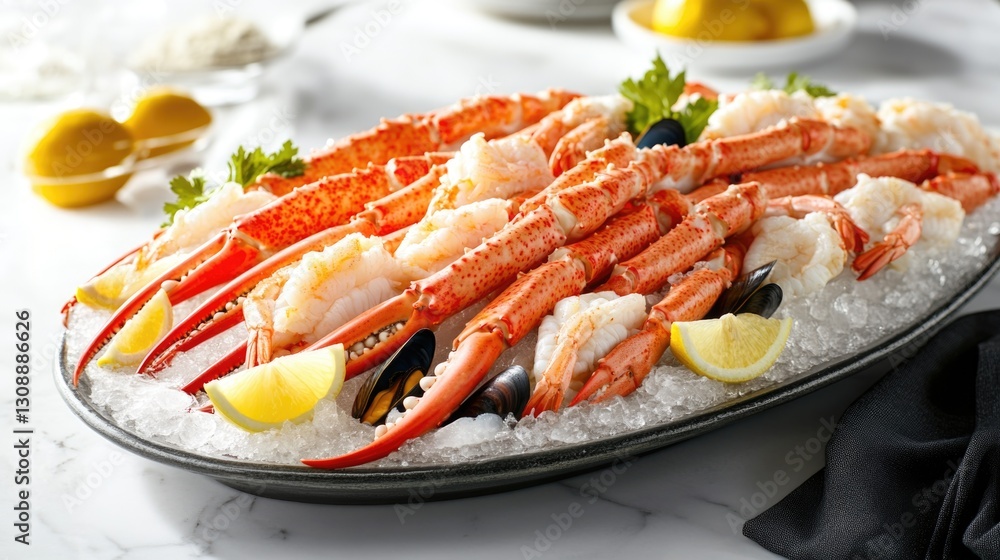 A Platter of Seafood Including Crab Legs and Shrimp on Ice A Platter of Seafood Including Crab Legs and Shrimp on Ice