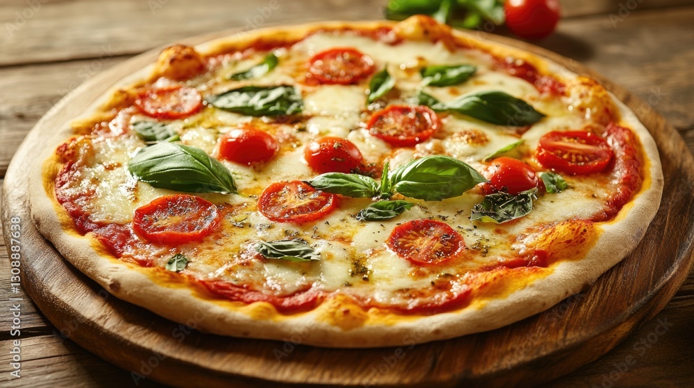 A delicious pizza topped with tomatoes basil and mozzarella cheese A delicious pizza topped with tomatoes basil and mozzarella cheese