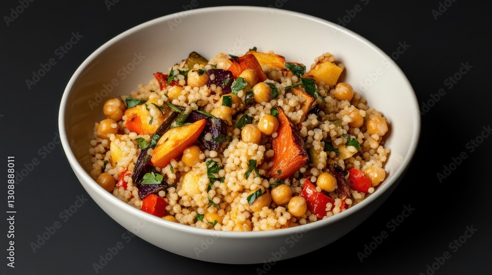 A bowl of food with a variety of vegetables and grains A bowl of food with a variety of vegetables and grains
