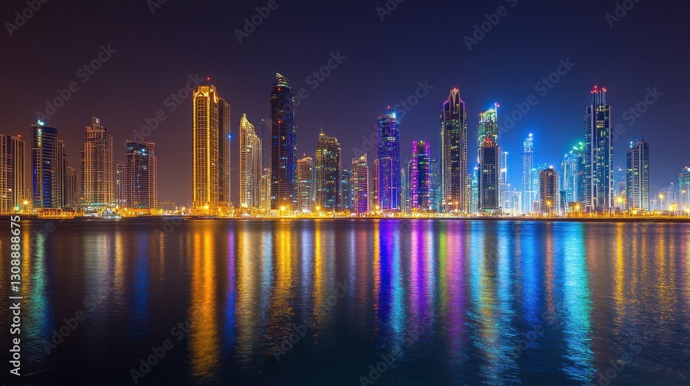 Fototapeta premium Dubai Skyline at Night, Reflections on Water