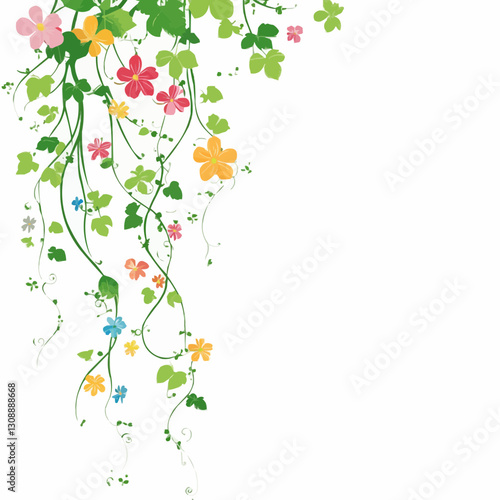 A vibrant array of colorful flowers and green vines cascading down a plain background.