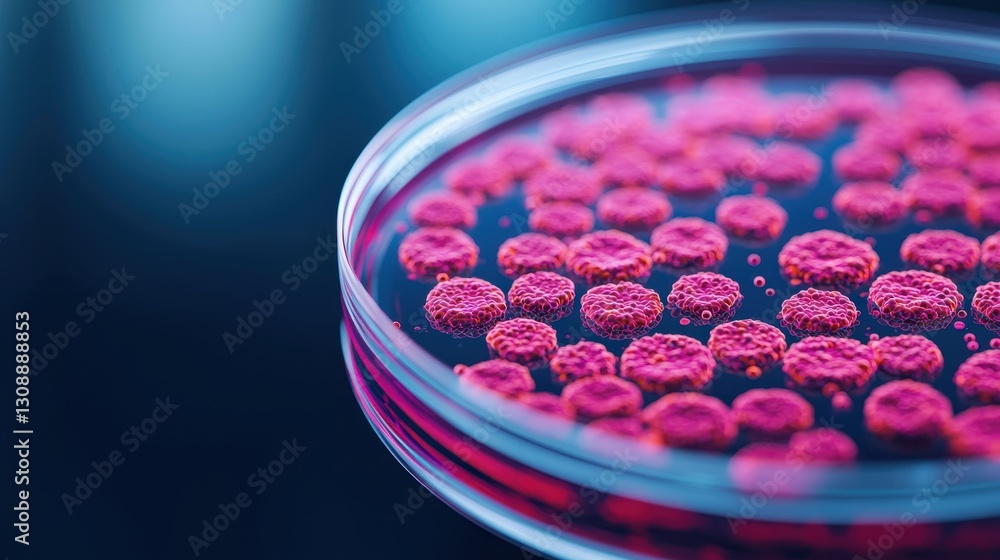 Close-Up View of Vibrant Pink Microbial Colonies Growing in Petri Dish in Laboratory Setting Close-Up View of Vibrant Pink Microbial Colonies Growing in Petri Dish in Laboratory Setting
