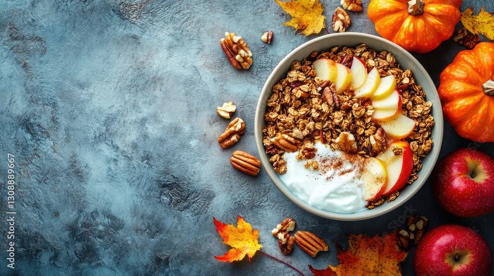 Fototapeta premium Homemade granola breakfast bowl with yogurt, caramelized apples, pumpkin, nuts, and cinnamon, arranged on a textured stone background.