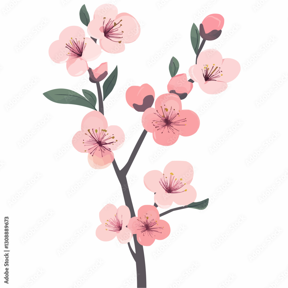 Delicate pink cherry blossom branch with soft petals and green leaves against a clean white background. Delicate pink cherry blossom branch with soft petals and green leaves against a clean white background.