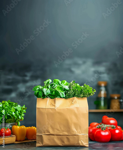 Healthy food background with copy space. Healthy food in paper bag vegetables