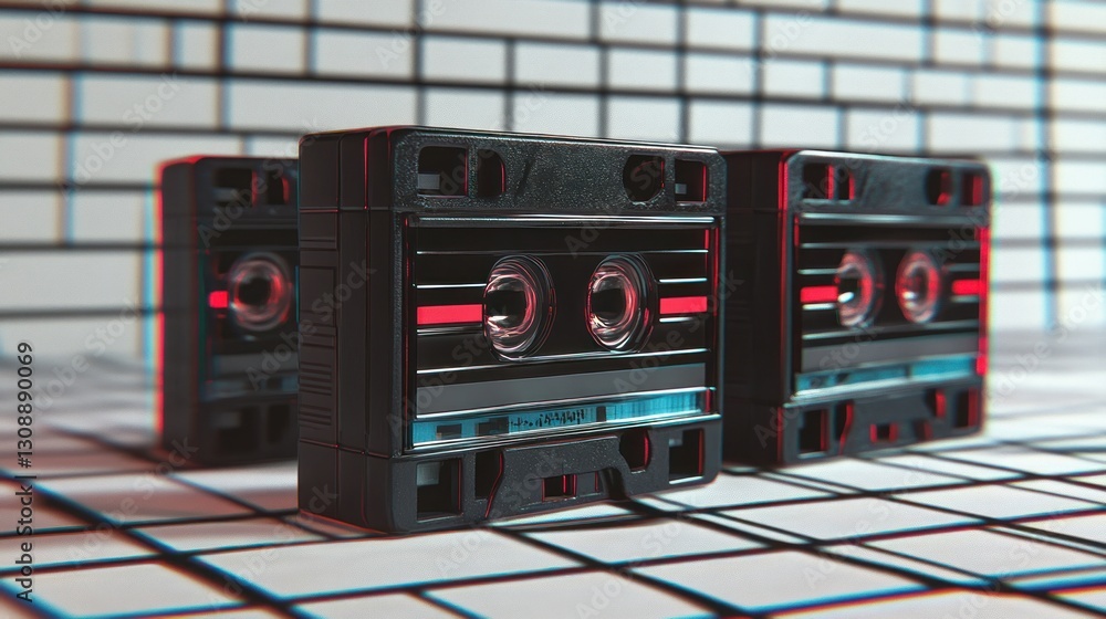 Fototapeta premium Retro Cassette Tapes on Checkered Floor
